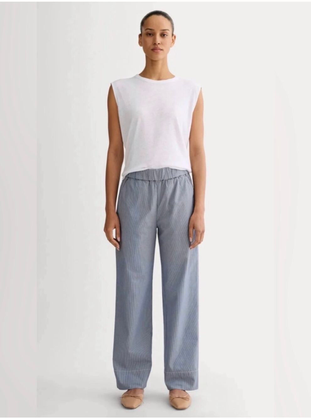 Everlane Pants Womens XL Blue Easy Pull On Wide Leg Denim Pinstripe Cotton Twill